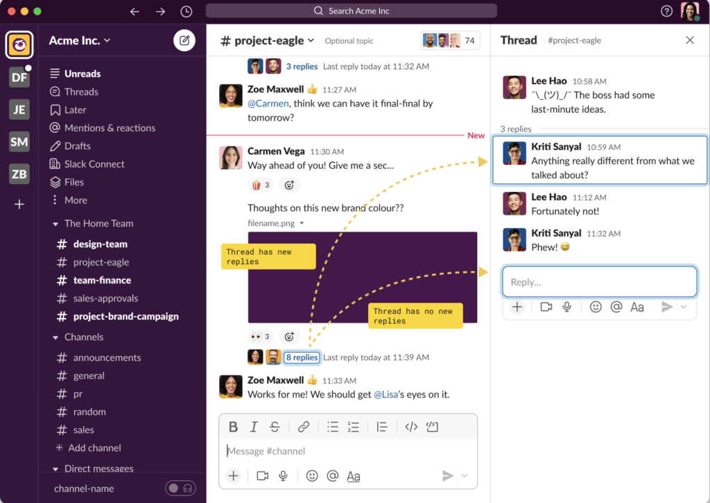 Slack desktop interface showing multiple project channels, message threads, and threaded replies.